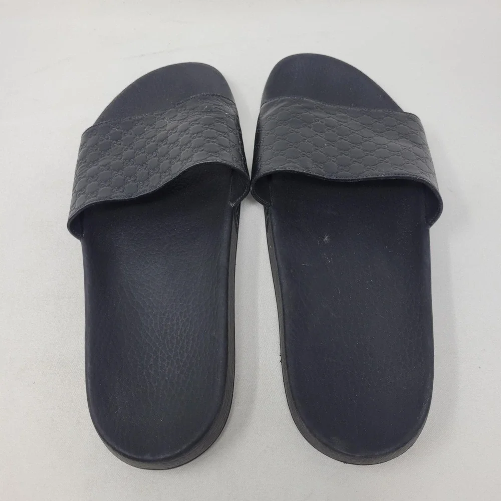 Gucci Sandals Mens Size 9 Black GG Logo Slide Leather Casual Comfort Slides